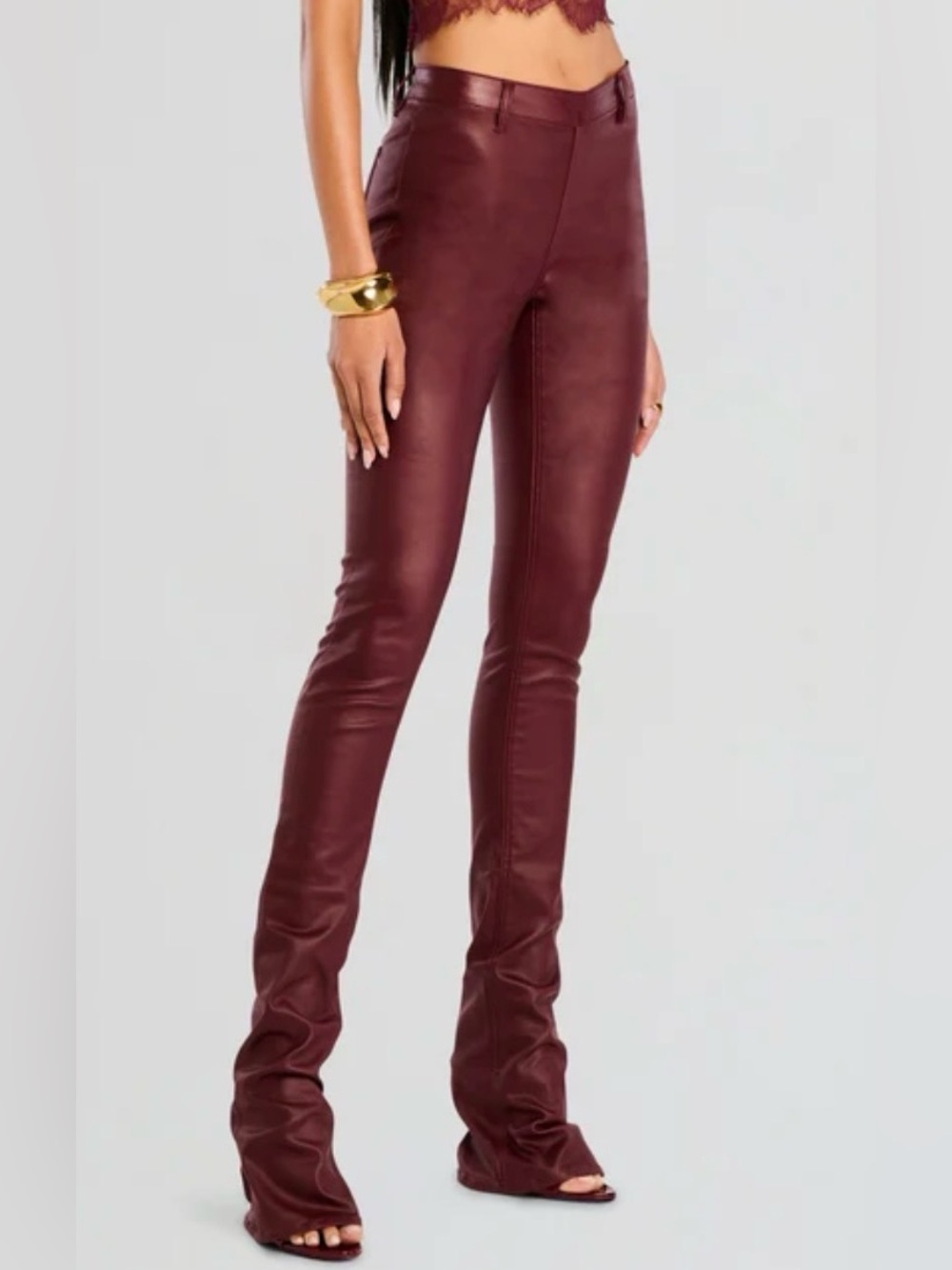 NWT Retrofete Danica Coated Port Low Mid Rise Flare Pants Burgundy 26 $278